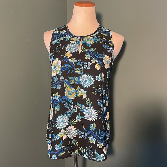 Violet and Claire shell top, cobalt, blue and yellow floral print on black. - Picture 1 of 6